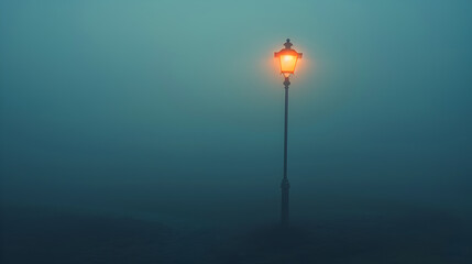 Solitary Street Lamp Illuminated in Dense Fog at Night Creating an Eerie and Mysterious Atmosphere