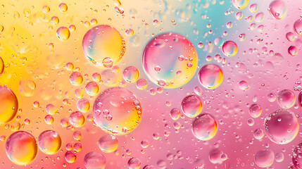 Vibrant Abstract Background with Colorful Oil Bubbles in Water on Gradient Pink and Yellow Backdrop