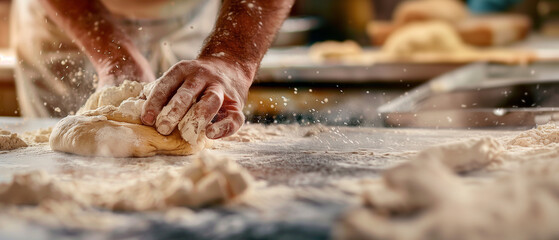baker passionately kneading dough on a flour-dusted countertop, meticulous and artisanal, in the style of mastery, with warm and inviting tones, close-up shot, stock photo 