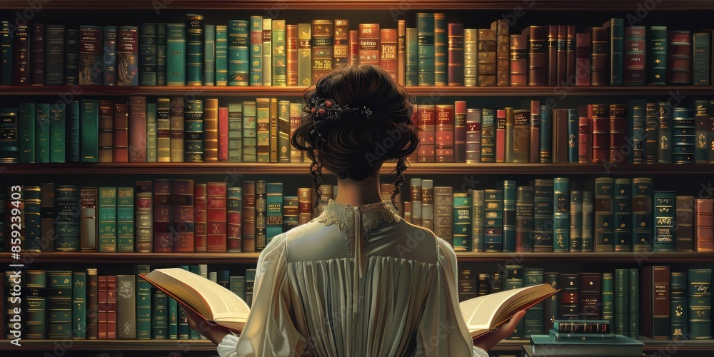 Sticker Woman Choosing a Book in a Grand Library