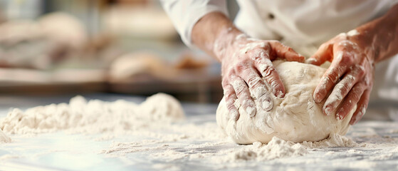 baker passionately kneading dough on a flour-dusted countertop, meticulous and artisanal, in the style of mastery, with warm and inviting tones, close-up shot, stock photo 