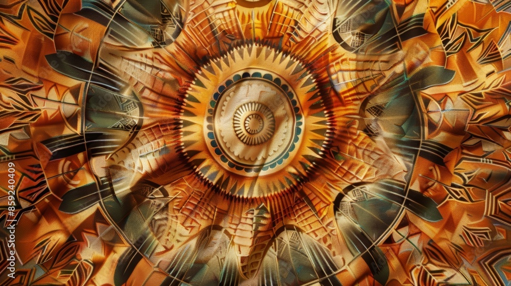 Poster a tunic top with an intricate abstract pattern of sunbursts and triangles in warm tones.