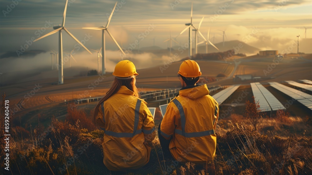 Aufkleber Engineers, woman and man with tablet in yellow work overalls, looking in the same direction, working on the site in front of wind turbines and solar fields. Generative AI.