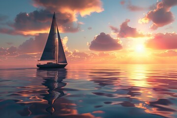 A sailboat floating in the middle of the ocean during sunset, great for use in travel or adventure related content