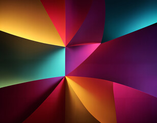 Abstract colorful background. Captivating geometric shapes. Multiple colored segments, kaleidoscope effect. Visually dynamic. Concepts of color design and theory.