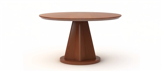 Brown, light brown wooden round dining table. Contemporary designer dining table isolated on white background. Minimalistic round wooden table. Modern furniture