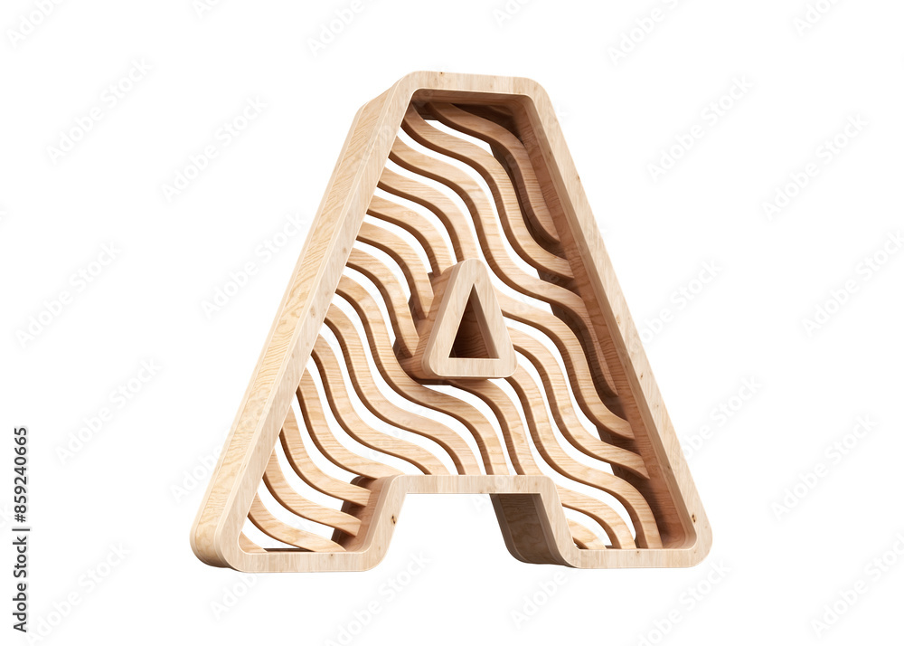 Poster 3d rendering letter a made of light wood with a wavy line pattern. high-resolution font suitable for