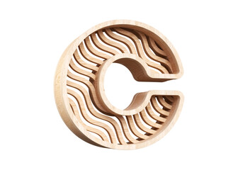 Light wood alphabet letter C with wavy line pattern. Highly detailed 3D rendering typography suitable for headlines, posters, advertisements or web projects.