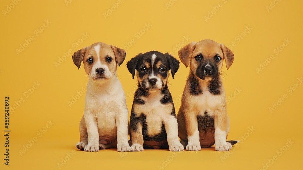 Poster Three adorable puppies are sitting in a row, looking at the camera.