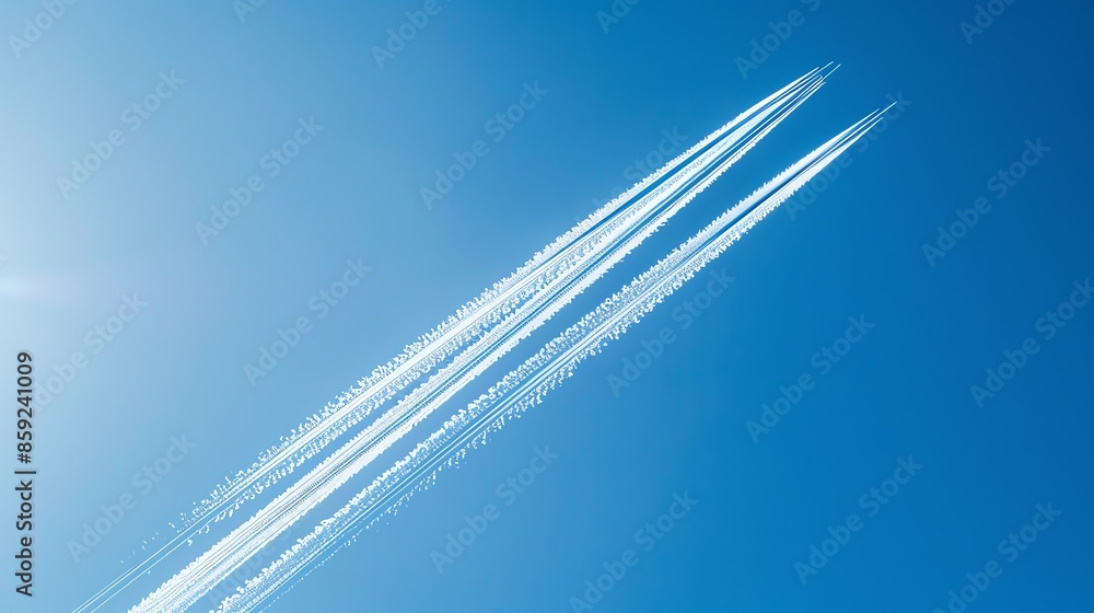 Poster two parallel contrails in a blue sky.