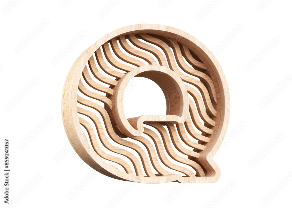 Poster wood alphabet 3d letter q with a wavy line pattern. high-resolution font suitable for headers, poste