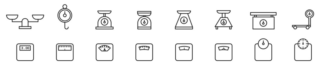 Scales, weight line icon vector. vector icon of weights of different shapes. Simple glyph kitchen tool, scale icon vector. Balance, weight symbol illustration.