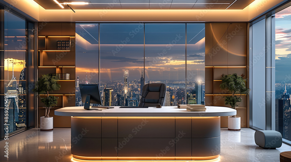 Poster a high end executive desk with large desktop and a modern office environment with a city night view.