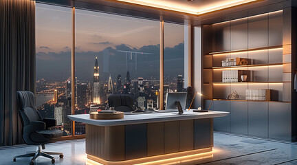 A high end executive desk with large desktop and a modern office environment with a city night view. Generative AI.