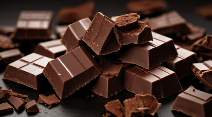 Closeup of Dark chocolate pieces placed on each other on dark background with copy space, commercial advertisement style
