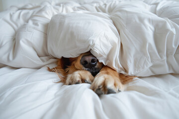 a dog is laying in bed under a blanket