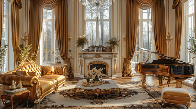 A luxurious living room, golden sofa and coffee table, a brown piano and an unlit fireplace against the wall, a charming manor outside the glass window. Generative AI.
