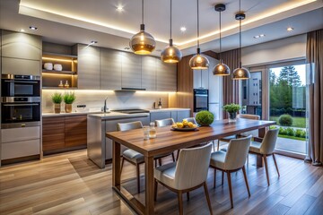 beautiful modern kitchen with wooden furniture and dining table