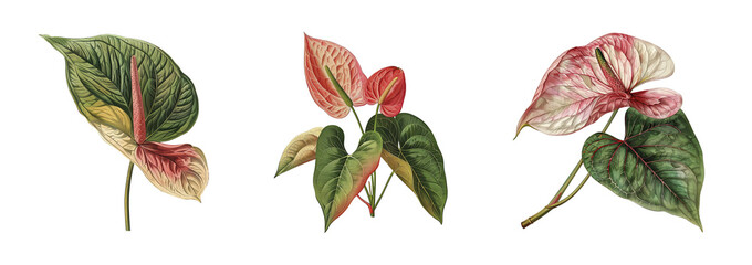 Anthurium flower set on transparent background. Botanical illustration
