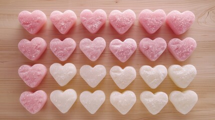 Obraz premium Heart-shaped pink and white soaps arranged on wooden surface. Valentine's day and personal care concept