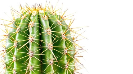 Close-up of a green cactus with sharp spines against a clear white background, highlighting its unique texture.