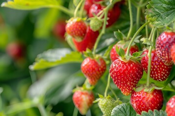 Juicy fresh ripe strawberries on a branch in nature outdoors close-up macro. Beautiful berries strawberries with leaves on a light green natural background. Generative AI