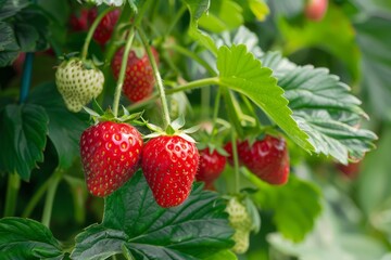 Juicy fresh ripe strawberries on a branch in nature outdoors close-up macro. Beautiful berries strawberries with leaves on a light green natural background. Generative AI