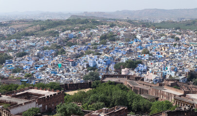 The Jodhpur town famously known as Blue city because of residential homes painted in blue color to keep the interiors cool during extreme summer heat in Rajasthan, India.