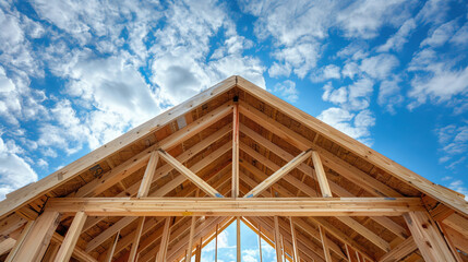 Wooden house frame construction on a blue sky background. Concept of home building and wood working. Created with Generative AI technology.