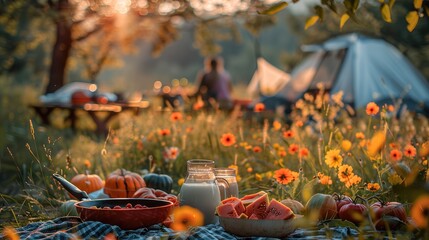 Cool summer camping pots and pans, family outdoor camping, red frying pan with white cloth underneath, a milk pan with fruit inside, outdoor tableware, warm tones. Generative AI.