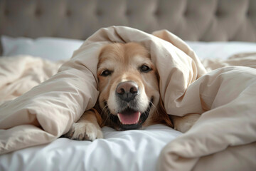 Obraz premium a dog is laying in bed under a blanket