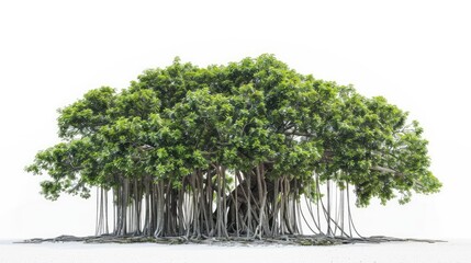 Fototapeta premium Charming banyan tree with cascading aerial roots, standing out vividly against a pure white background.