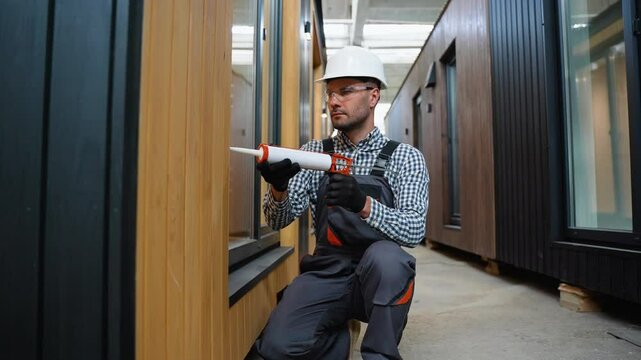 A worker is applying polyurethane foam to fill gap between sash and window frame in prefabricated modular house