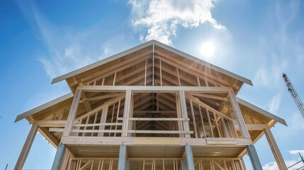 Wooden house frame construction on a blue sky background. Concept of home building and wood working. Created with Generative AI technology.