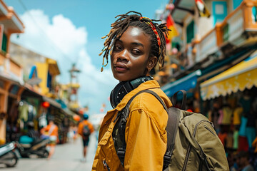 Fototapeta premium Jeune femme noire avec un sac a dos dans une rue de la ville