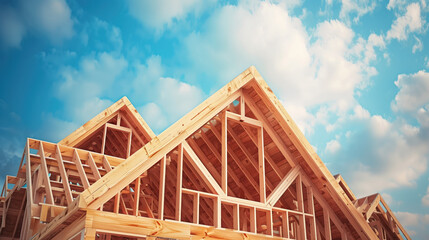 Wooden house frame construction on a blue sky background. Concept of home building and wood working. Created with Generative AI technology.