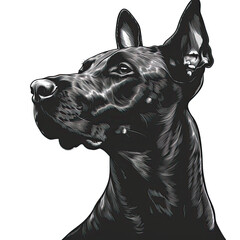 A black and white drawing of a doberman dog