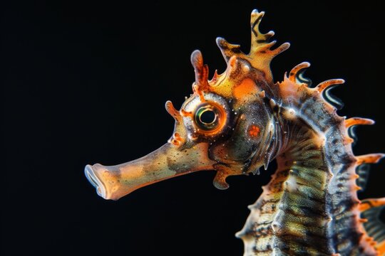 Mystic portrait of Unicorn Seahorse, copy space on right side, Anger, Menacing, Headshot, Close-up View