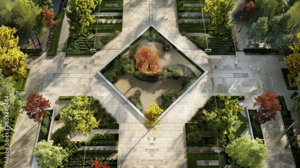 Aufkleber a symmetrical garden design featuring a central square and four triangular sections.