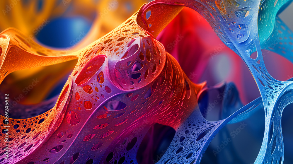 Poster a colorful, abstract image of a twisted, tangled mass of lines and shapes. the colors are bright and
