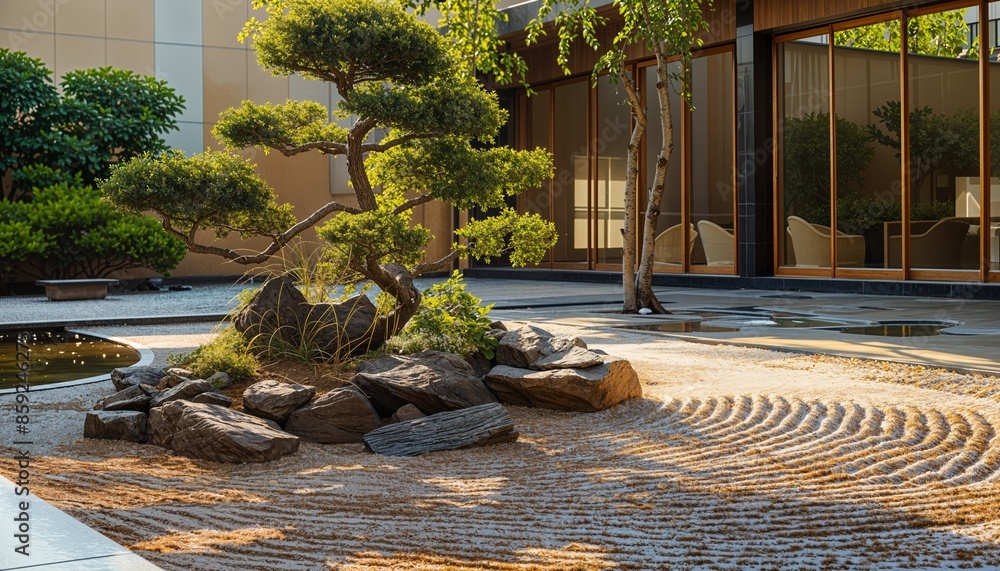 Wall mural a bonsai tree in a rock garden in front of a building