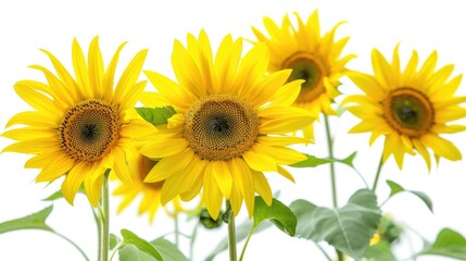 Obraz premium Bright sunflowers in full bloom against a clean white background, showcasing their vibrant yellow petals.
