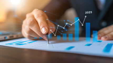 Digital economic growth chart with a rising trend in 2025, symbolizing future market predictions.