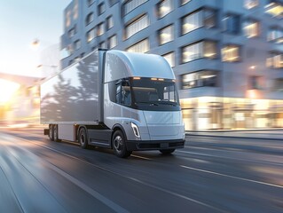 Fototapeta premium A modern electric truck driving through, symbolizing innovation and environmental responsibility in the commercial transport sector
