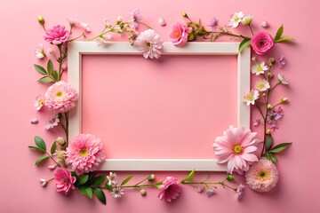 A frame made of pink flowers on a pink background