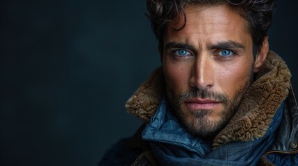 Obraz premium A close-up of a man with intense blue eyes, wearing a fur-lined jacket and scarf, in a moody setting, portraying a blend of style, warmth, and intensity.