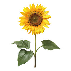 Obraz premium Bright and vibrant sunflower with green leaves isolated on a white background. Perfect for nature and floral themes.