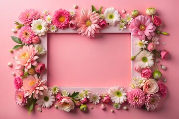 A frame made of pink flowers on a pink background