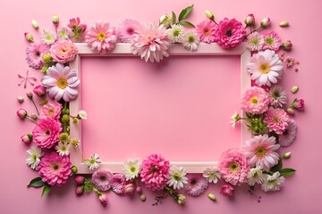 Obraz premium A frame made of pink flowers on a pink background