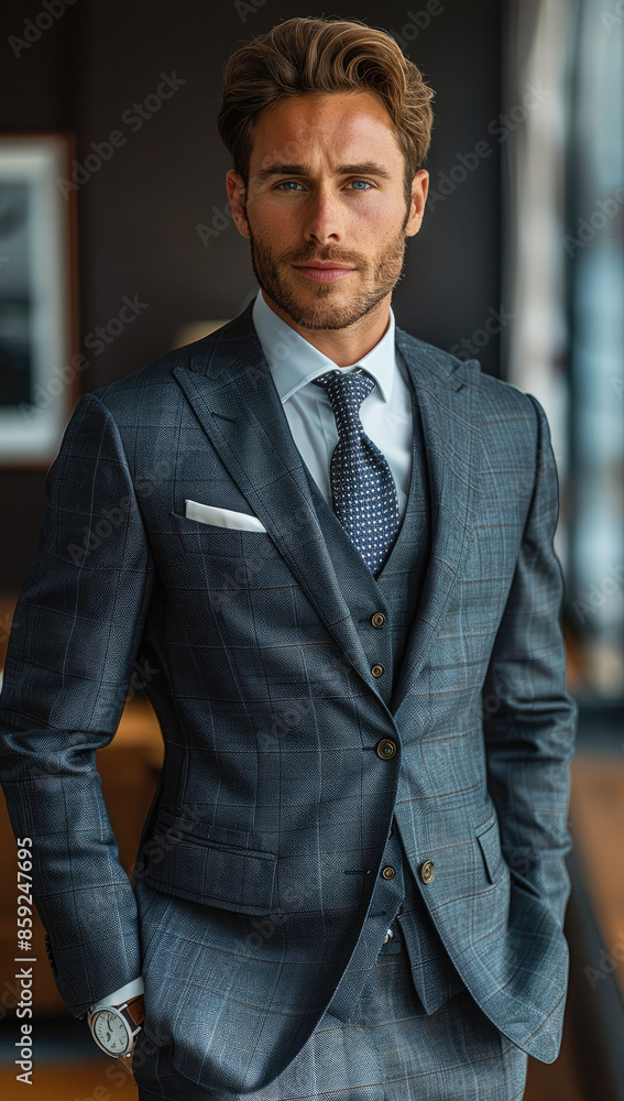 Poster an honest and trustworthy man, standing with a confident posture, dressed in a sharp suit. his eyes 